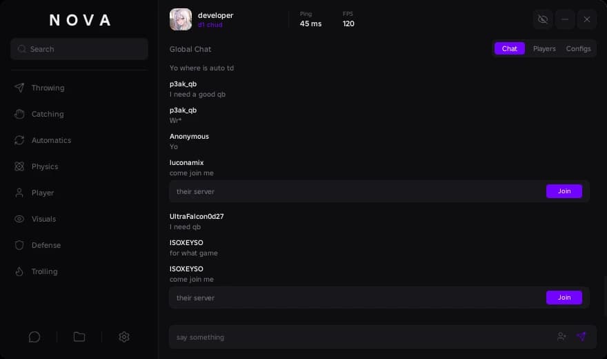 the nova menu, global chat